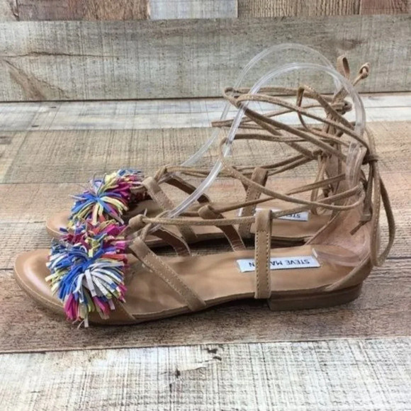 Steve Madden Swizzle Leather Gladiator Sandals Womens 7 Suede Lace Up Fringe Toe - Picture 5 of 11